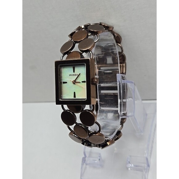 Fossil ES1716 Womens Quartz Bracelet Watch Coin Link Band New Battery Bronze MOP - Picture 2 of 11